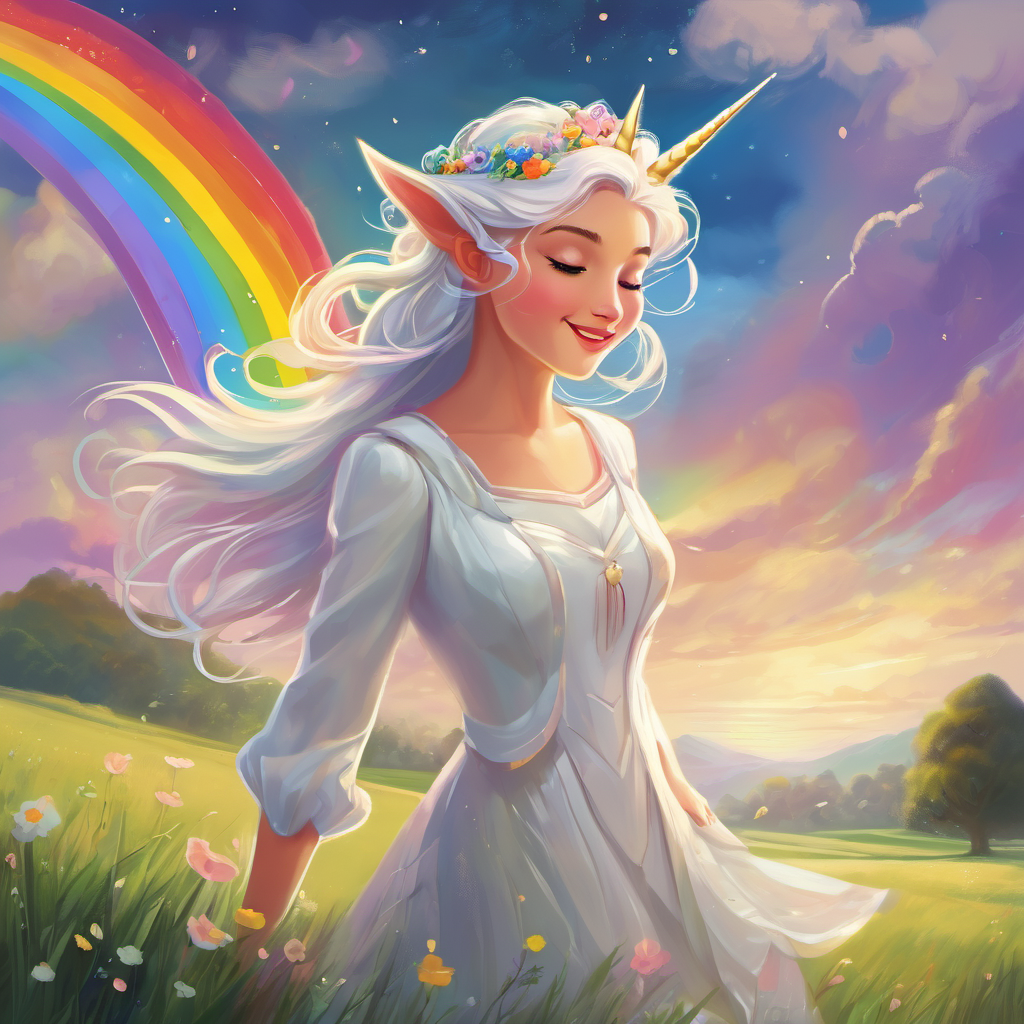 Luna, a graceful unicorn, possessed the power to make rainbows appear whenever she trotted across the meadows. She had a beautiful white coat that shimmered like the moon, and her silver mane flowed like the wisps of a cloud. Luna's heart was filled with kindness, and she loved to see the joy on the faces of children when they spotted a rainbow. Skyler, a mischievous little fairy with sparkling wings, could effortlessly glide through the sky and summon the gentlest breezes. She was known for her contagious laughter and her ability to make the clouds dance with delight. Her laughter brought happiness to everyone who heard it, spreading warmth and comfort wherever she went.