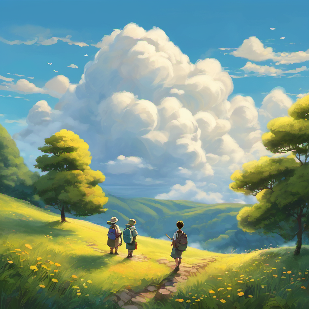 The Cloud Keepers had one important rule - never let a cloud get sad. They understood that clouds had feelings too, and their mission was to ensure that every cloud felt loved and appreciated. So, every morning, the four friends would gather at the top of a golden hill, their hearts filled with excitement for another day of cloud keeping adventures. One bright and sunny morning, the Cloud Keepers noticed that the clouds seemed gloomy. They huddled together, puzzled by this unusual sight. Was something wrong? After much deliberation, they discovered that the clouds were feeling lonely since they hadn't seen any children play outside in a while.