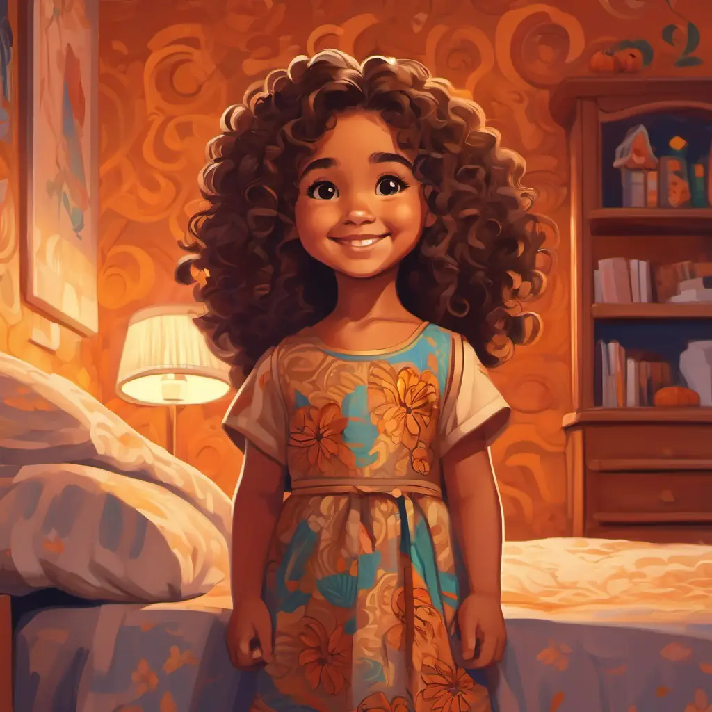 A happy little girl with thick and curly Samoan hair, brown eyes, and medium tan skin, a happy little girl with thick and curly Samoan hair, standing inside her bedroom