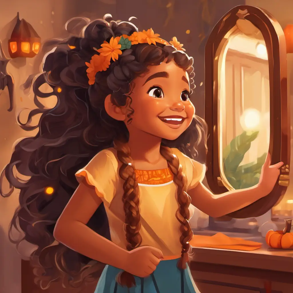 A happy little girl with thick and curly Samoan hair, brown eyes, and medium tan skin, with her hair braided, smiling and singing in front of a mirror