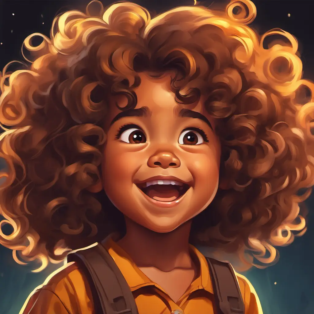 A happy little girl with thick and curly Samoan hair, brown eyes, and medium tan skin, with her hair bouncing freely, looking surprised and worried as everyone stares