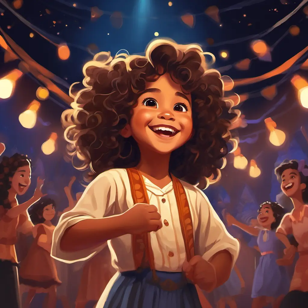 A happy little girl with thick and curly Samoan hair, brown eyes, and medium tan skin, smiling and singing on stage, radiating confidence and self-acceptance