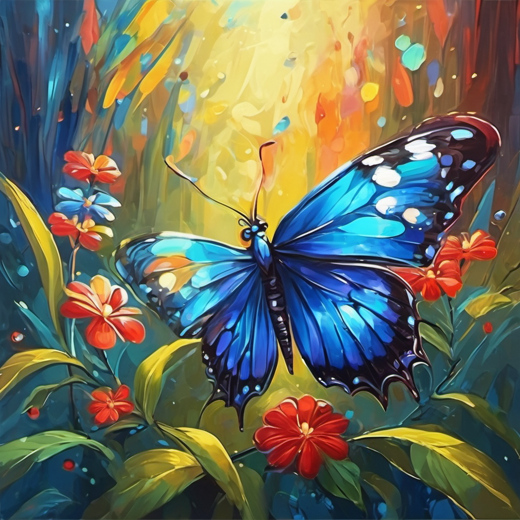 Borboleta azul com asas brilhantes e sorridente. e Borboleta vermelha com pontos pretos e simpática. voando juntas com um lindo arco-íris