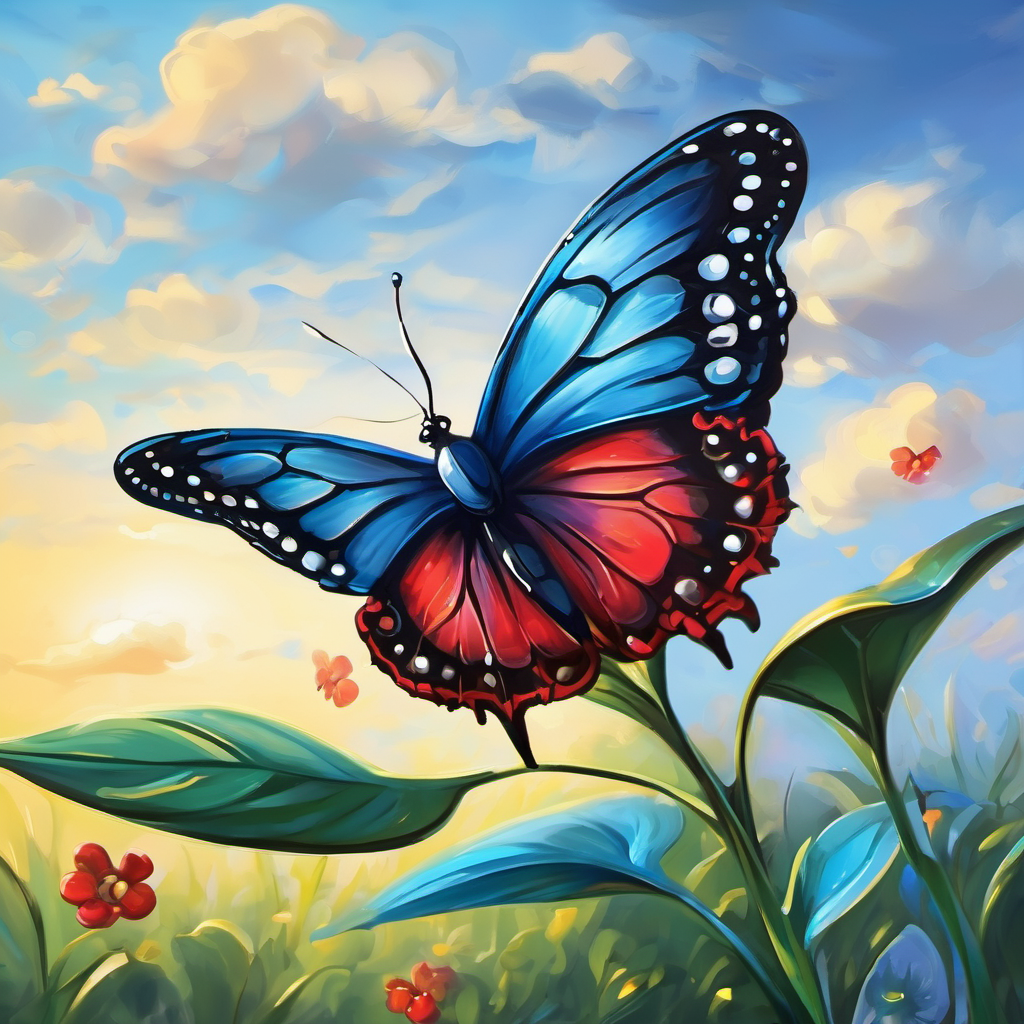 Borboleta azul com asas brilhantes e sorridente. e Borboleta vermelha com pontos pretos e simpática. explorando e conhecendo outras criaturas mágicas