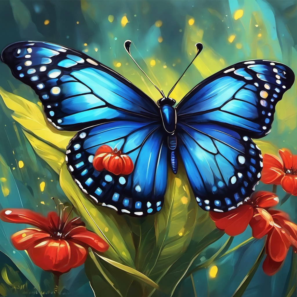 Borboleta azul com asas brilhantes e sorridente. e Borboleta vermelha com pontos pretos e simpática. abraçadas, aprendendo sobre a amizade