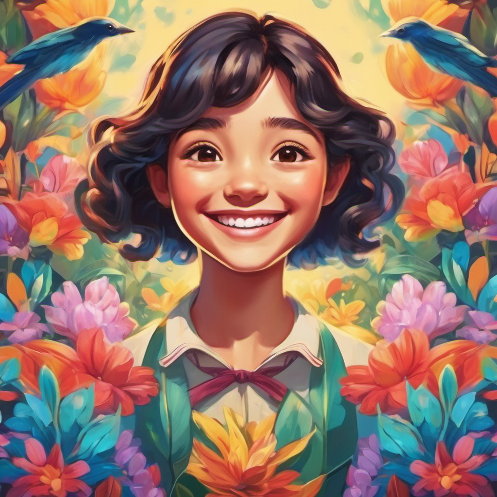 Uma criança sorridente olhando para suas borboletas coloridas