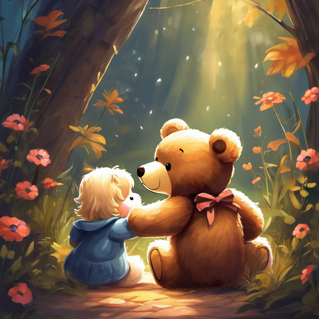 Teddy bear, teddy bear, turn around,
In your fluffy fur, don't make a sound.
With your cozy cuddles, you bring us delight,
We'll hold you close, all through the night. Teddy bear, teddy bear, touch the ground,
In your little paws, love is found.
You bring us joy, when we're feeling low,
With your gentle touch, you help us glow.