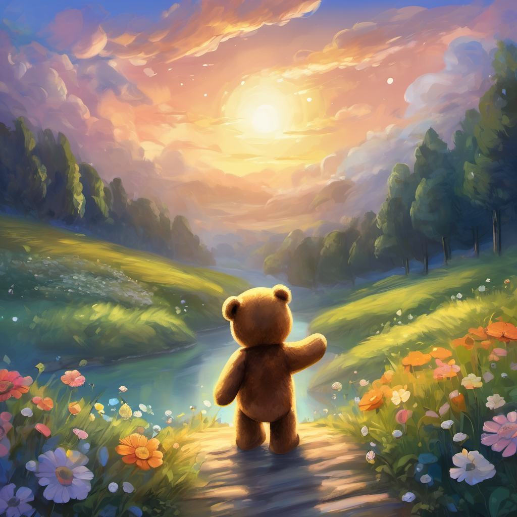 Teddy bear, teddy bear, reach up high,
In your little world, you touch the sky.
You teach us dreams can be big and bright,
We'll aim for the stars, with all our might. Teddy bear, teddy bear, bend down low,
In your tiny steps, you always go.
You show us the value of being kind,
With your caring heart, love we will find.