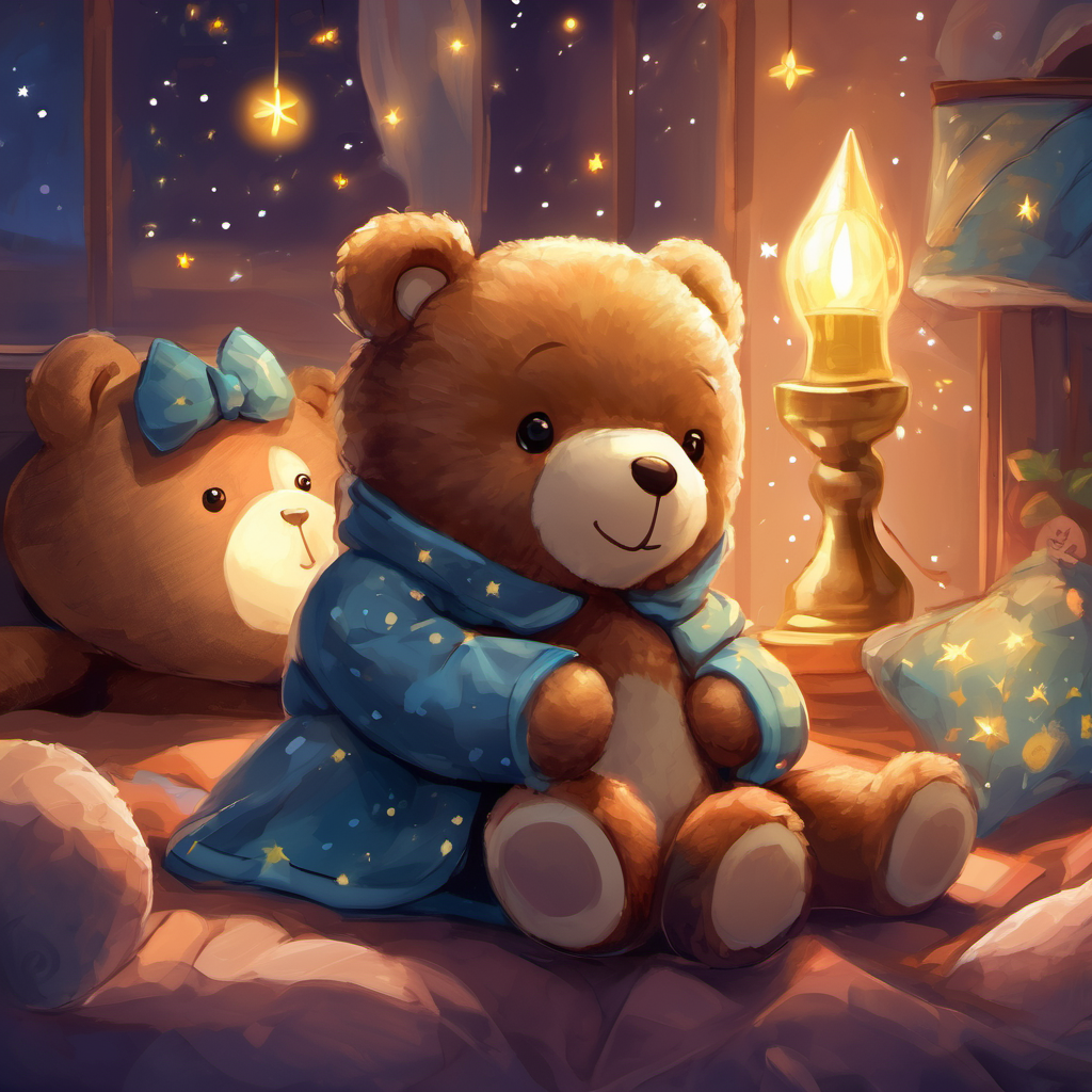 Teddy bear, teddy bear, rest your head,
In your soft embrace, worries are shed.
You bring us comfort, when days are long,
We're grateful for you, our teddy bear strong. Teddy bear, teddy bear, turn out the lights,
In your cozy world, stars shine so bright.
You guide us through darkness, like our little light,
With you by our side, we'll be alright.