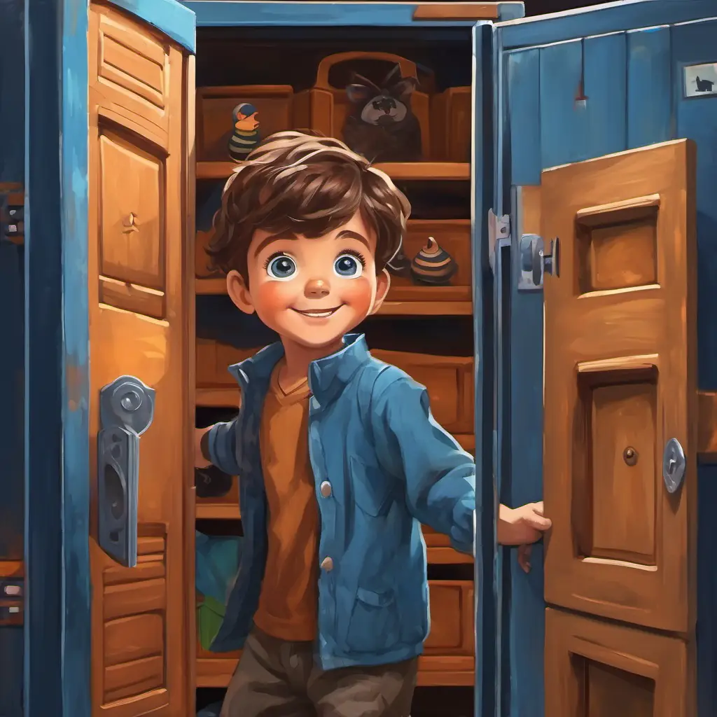 A picture of A happy little boy with brown hair and blue eyes peeping through a locker, with girls changing clothes inside