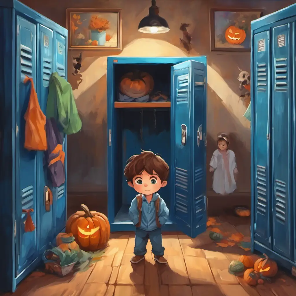 A picture of A happy little boy with brown hair and blue eyes hiding inside a locker, with girls changing clothes nearby