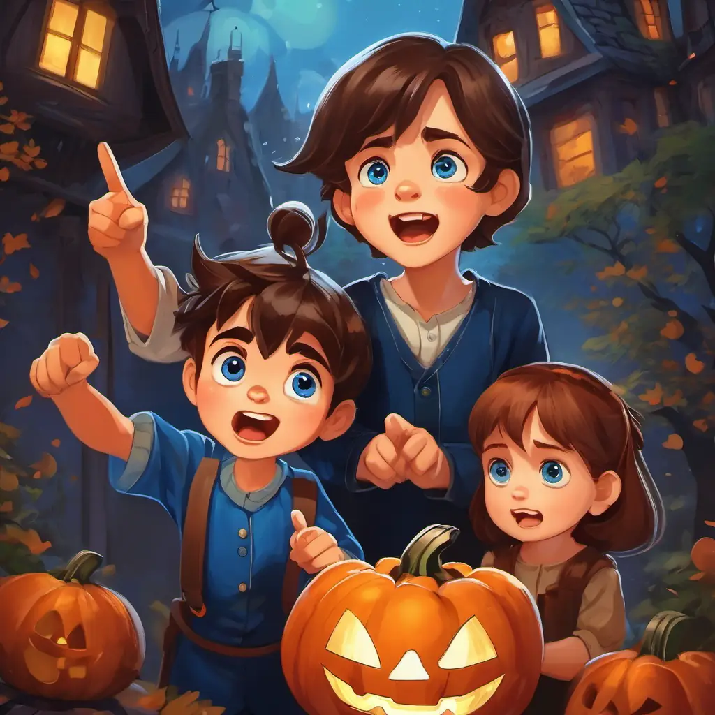 A picture of the girls pointing at A happy little boy with brown hair and blue eyes, with angry expressions on their faces