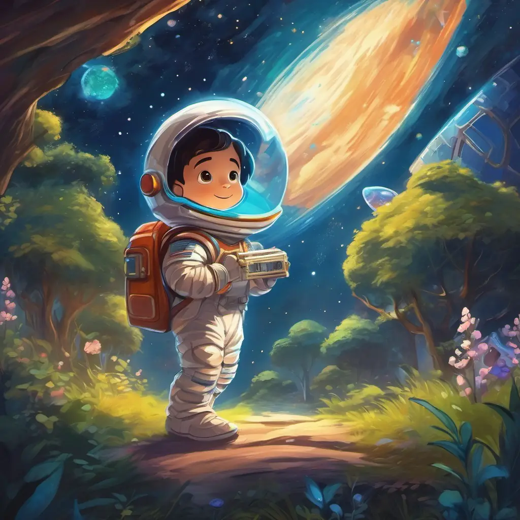 Brave little astronaut with a dream to go on cosmic quests, a brave little astronaut, in their backyard with a magical spaceship