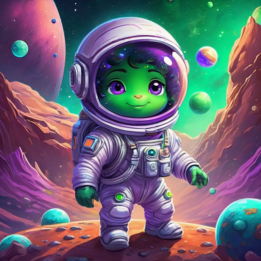 Brave little astronaut with a dream to go on cosmic quests and Friendly alien with purple skin and big, sparkly green eyes exploring different planets with fascinating creatures and breathtaking landscapes