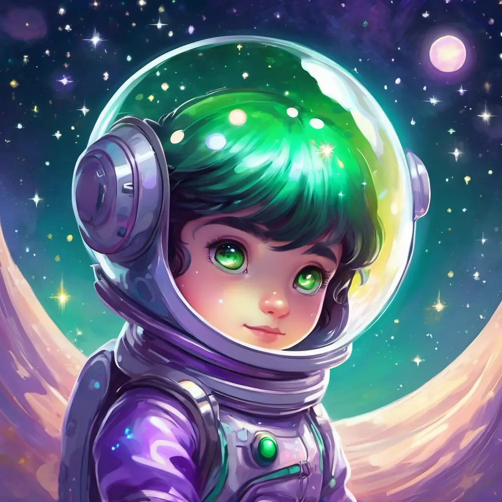 Brave little astronaut with a dream to go on cosmic quests, Friendly alien with purple skin and big, sparkly green eyes, and Sad moon creature with silver skin and twinkling star-like eyes, with Sad moon creature with silver skin and twinkling star-like eyes having silver skin and twinkling star-like eyes