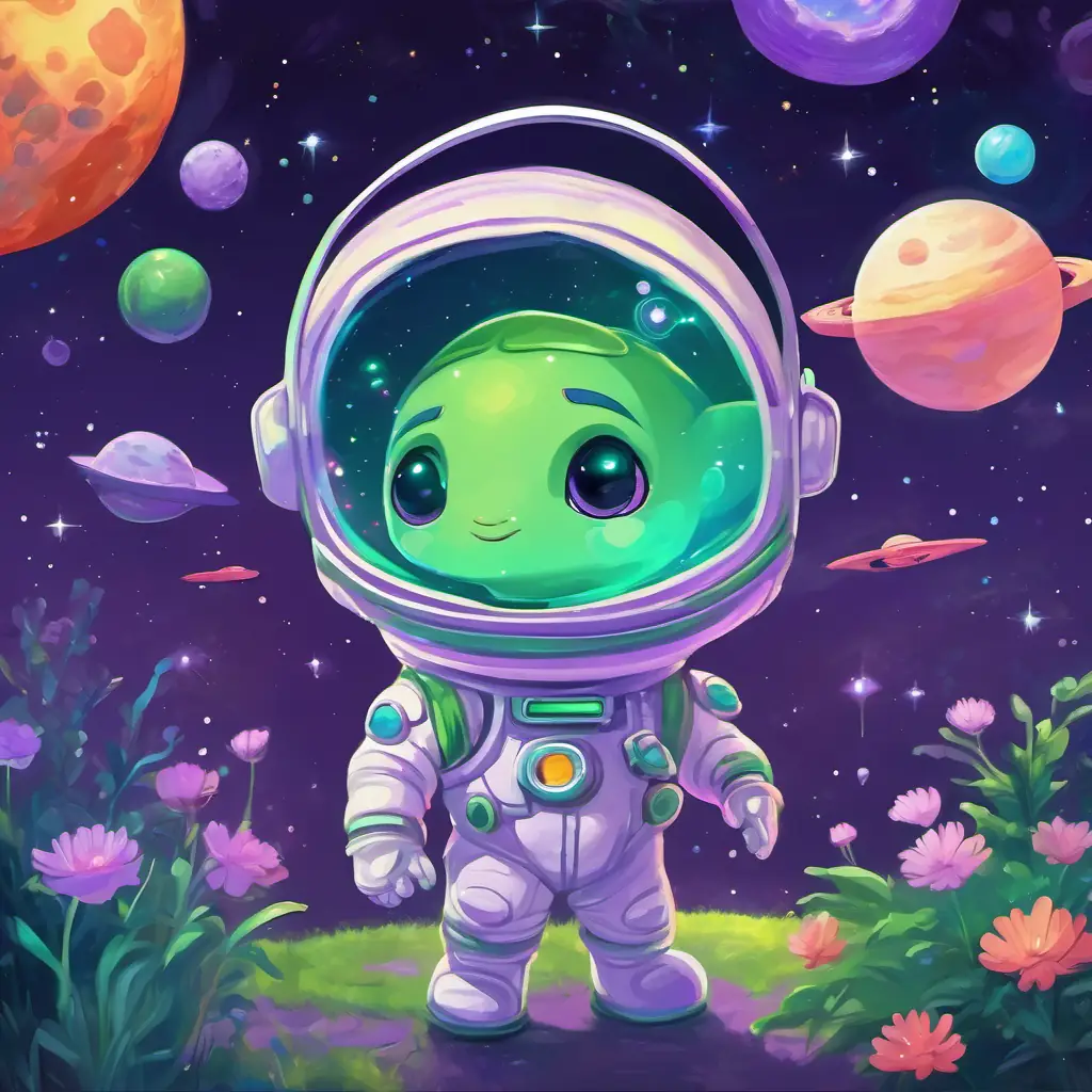 Brave little astronaut with a dream to go on cosmic quests and Friendly alien with purple skin and big, sparkly green eyes saying goodbye to their new friends, filled with happy memories