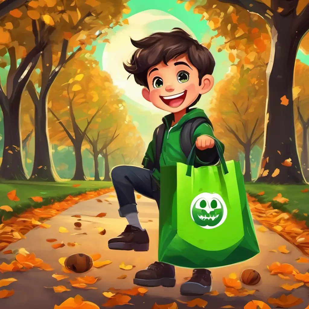 Niño con piel morena, ojos brillantes, con cabello café y sonrisa alegre with his green recycling bag, smiling in a park