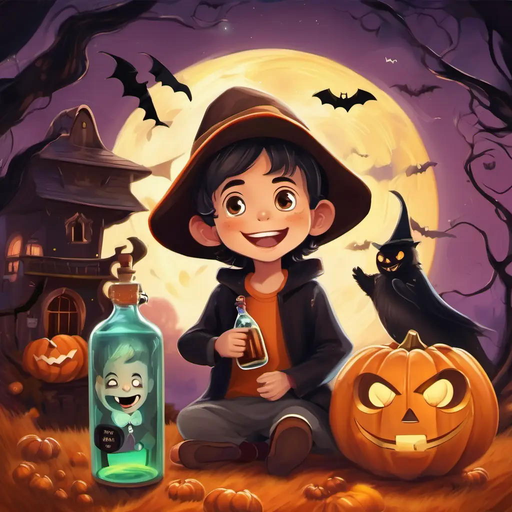 A shiny, talking bottle, laughing and smiling with Niño con piel morena, ojos brillantes, con cabello café y sonrisa alegre
