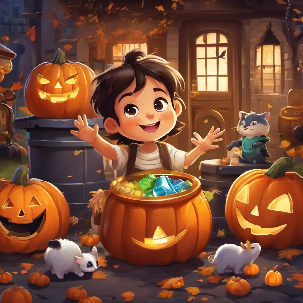 Niño con piel morena, ojos brillantes, con cabello café y sonrisa alegre and the talking bottle, high-fiving, with recycling bins and happy animals in the background