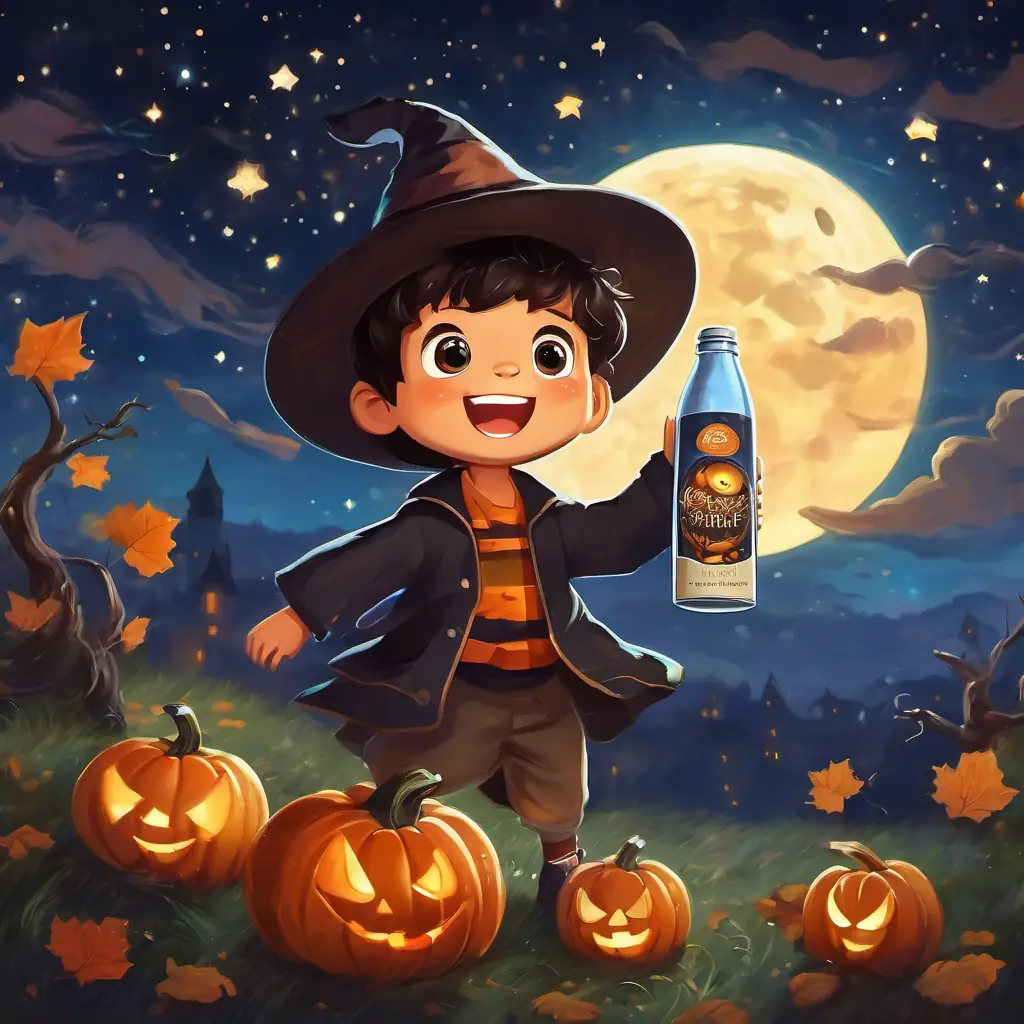 Niño con piel morena, ojos brillantes, con cabello café y sonrisa alegre and the talking bottle under a starry sky, dancing and singing happily