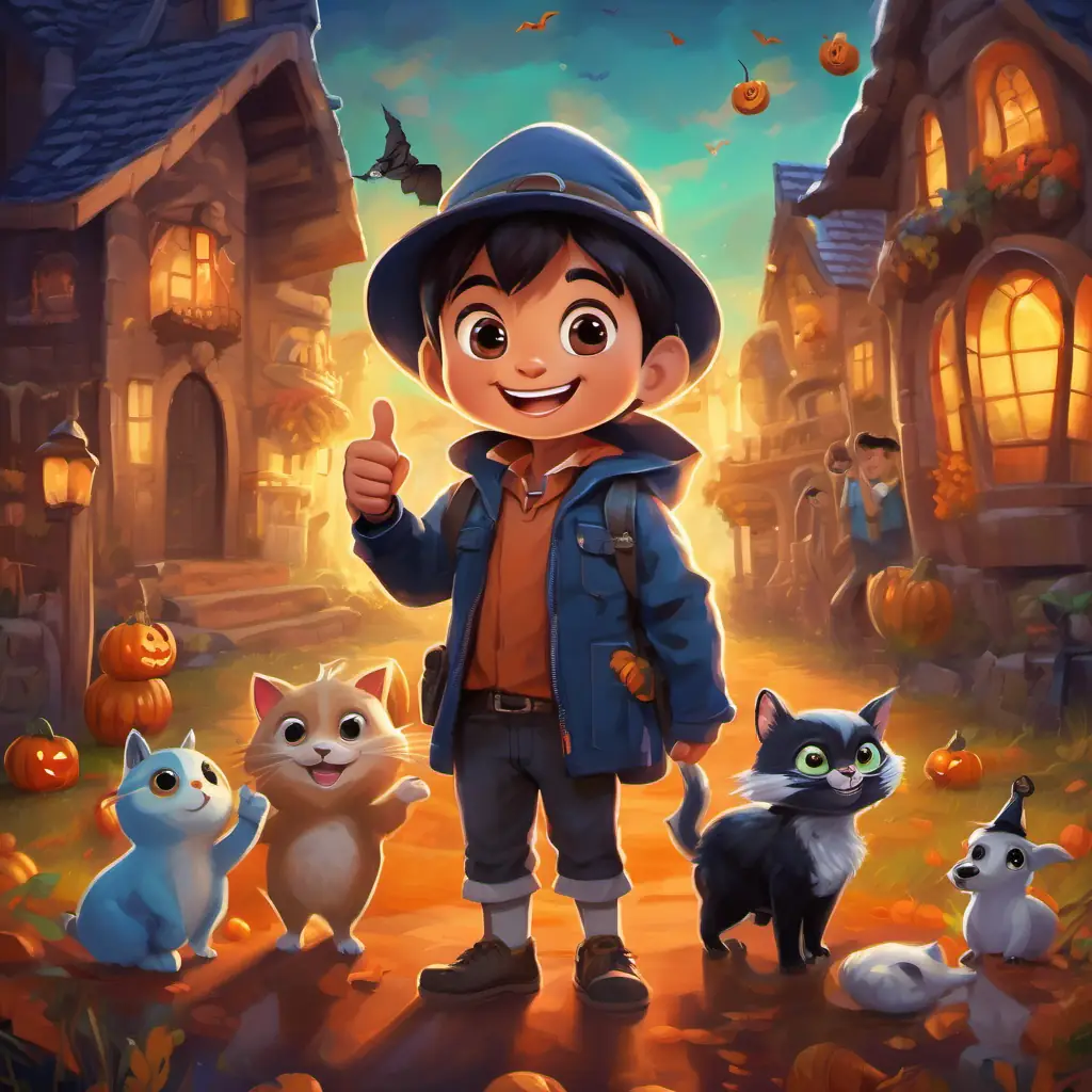 Niño con piel morena, ojos brillantes, con cabello café y sonrisa alegre and the talking bottle showing thumbs up, with happy animals and a clean environment in the background