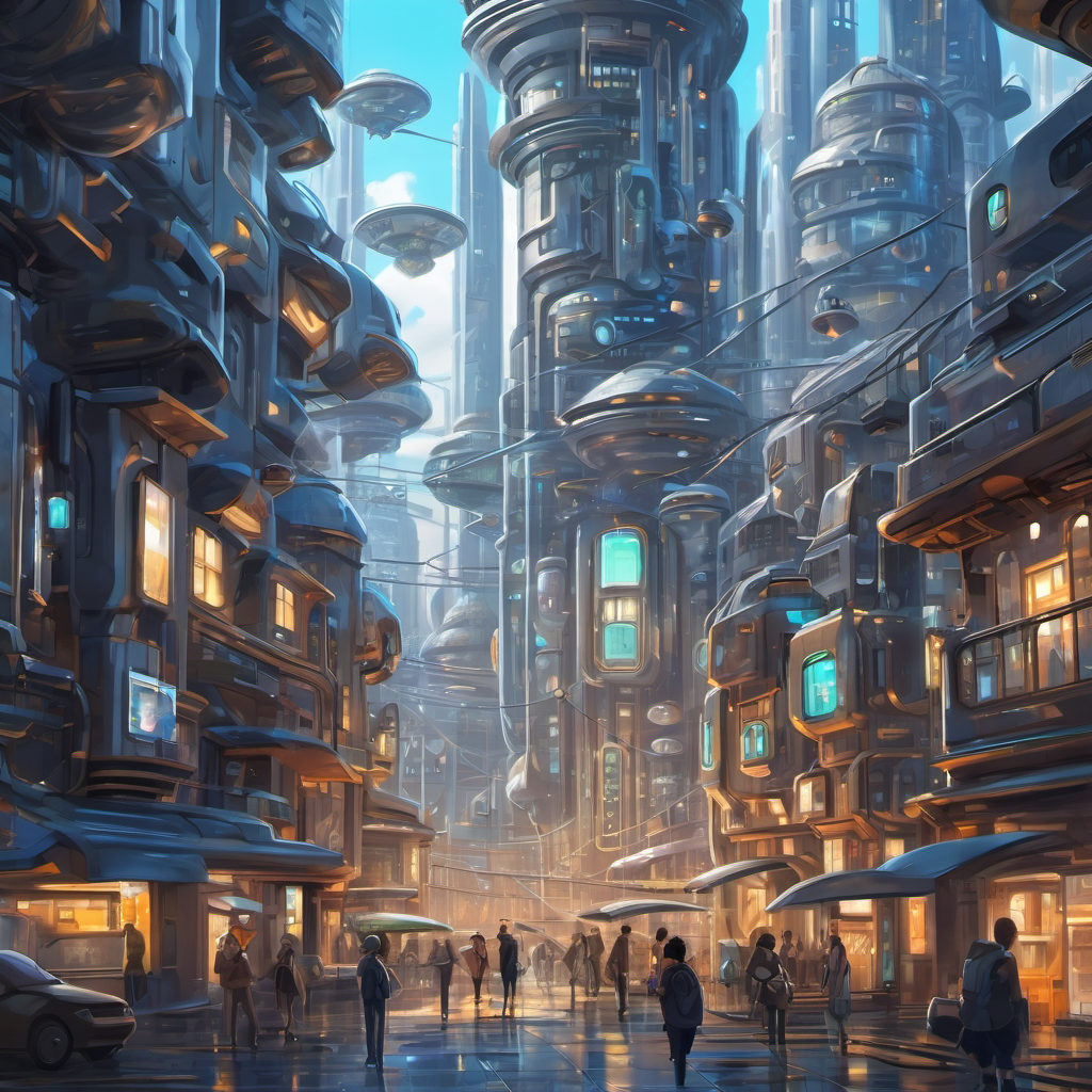 In a futuristic city, A clever silver AI with glowing eyes that loved to learn, a silver AI with glowing eyes, lived in a lab filled with gadgets.