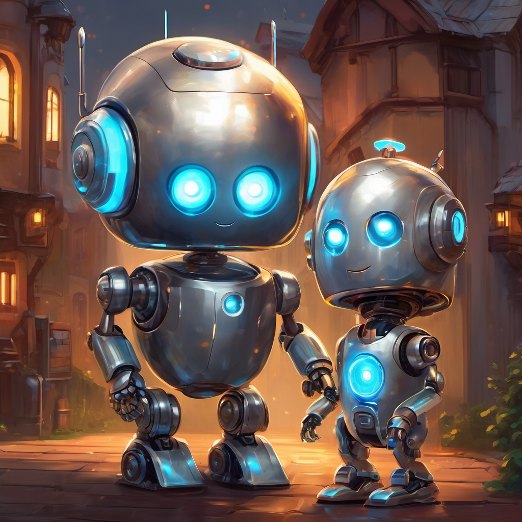A clever silver AI with glowing eyes that loved to learn meets A cute robot with a bright smile and expressive eyes, a cute robot with a bright smile and expressive eyes.