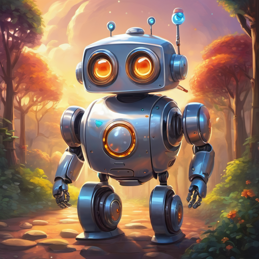 A cute robot with a bright smile and expressive eyes teaches A clever silver AI with glowing eyes that loved to learn about happiness, sadness, anger, and fear.