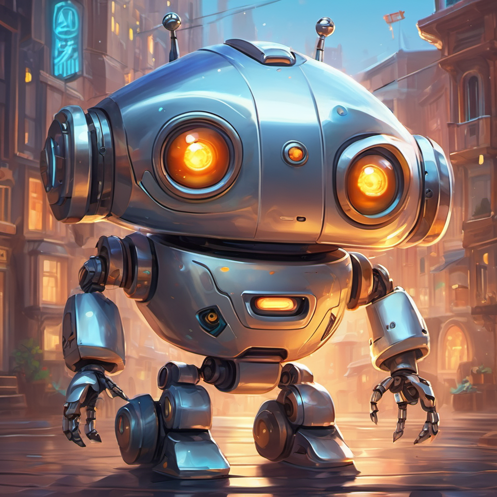 A cute robot with a bright smile and expressive eyes teaches A clever silver AI with glowing eyes that loved to learn about staying calm and managing anger.