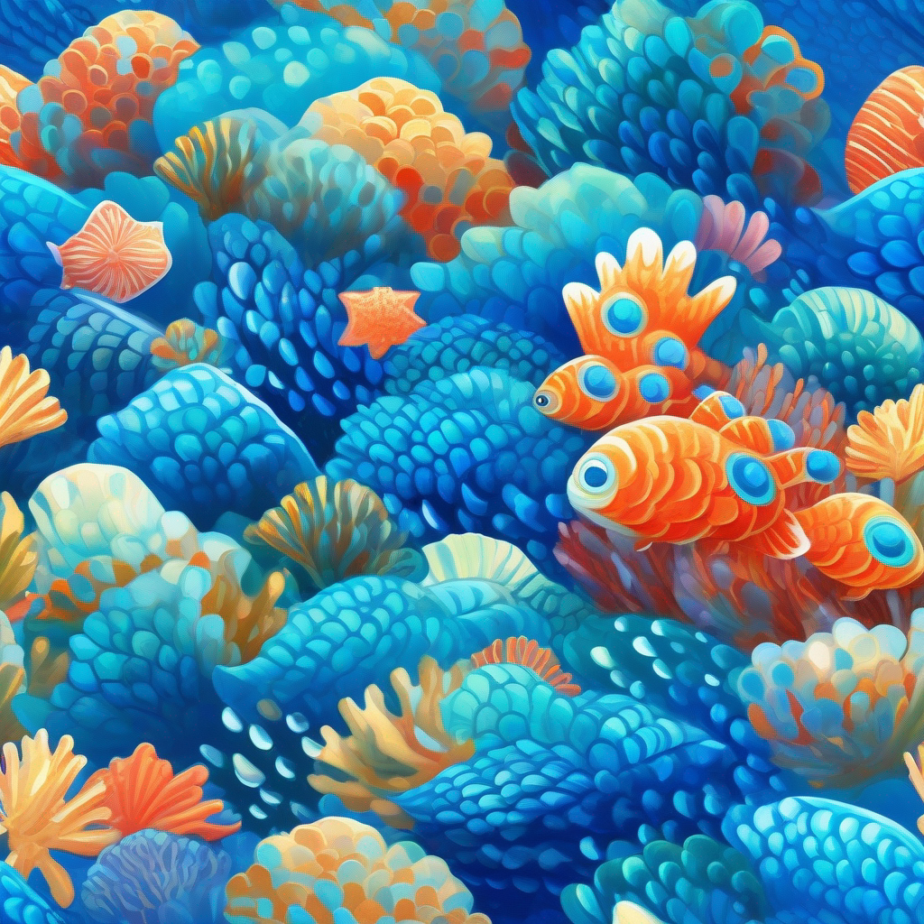 Curious little fish, shimmering blue scales, playful spirit finds a magical seashell, blue scales, coral reef