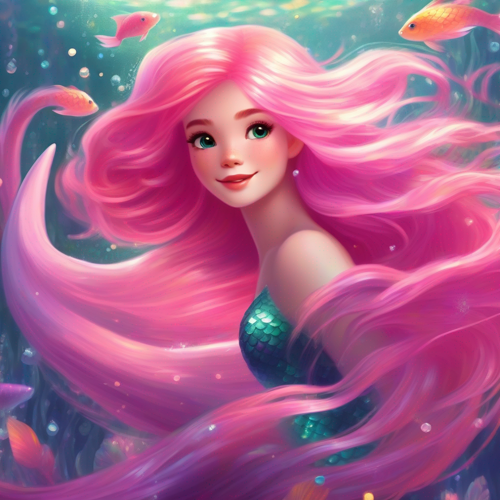 Friendly mermaid, sparkling tail, flowing pink hair the mermaid, sparkling tail, pink hair