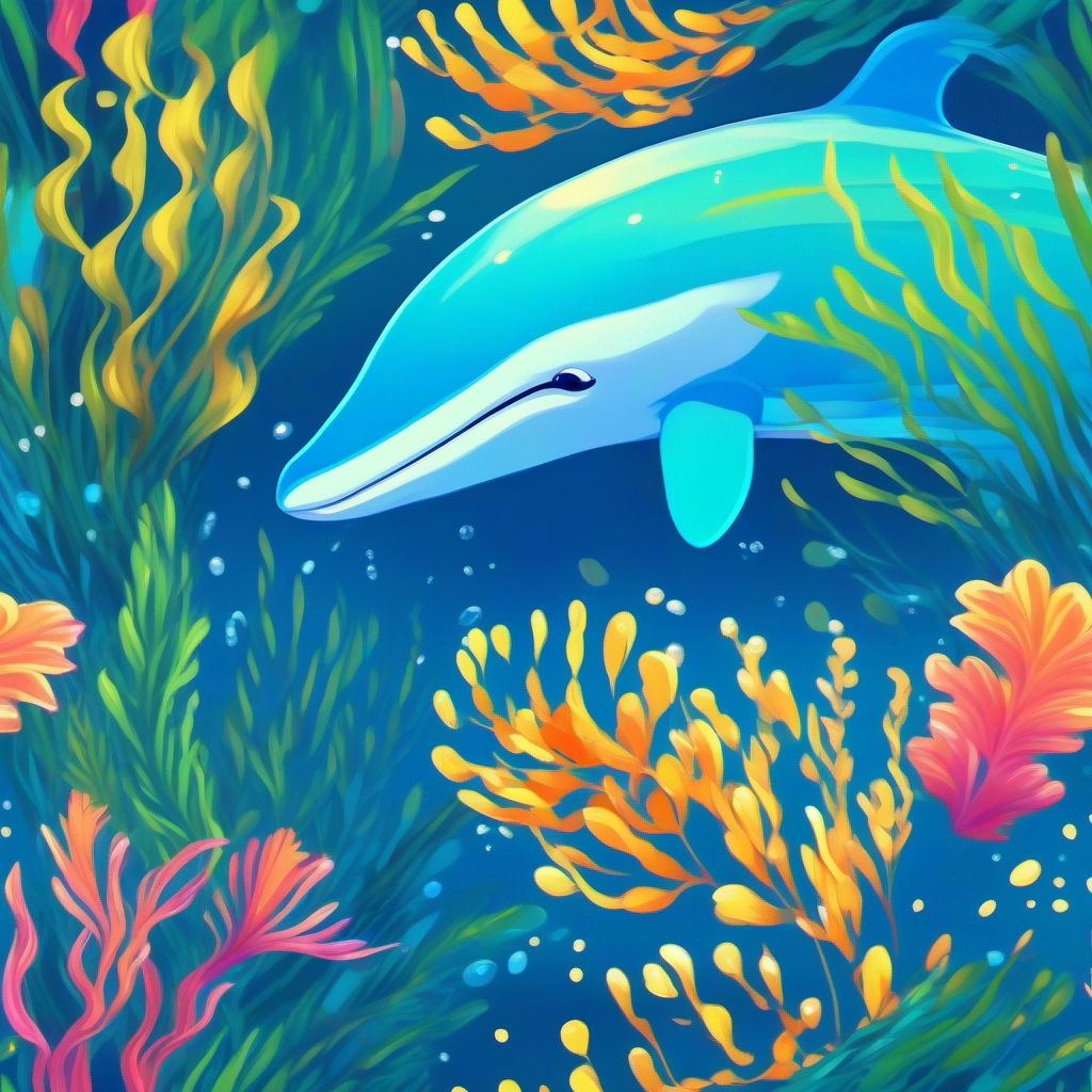 Swaying seaweeds, tropical fish, playful dolphin, giggling