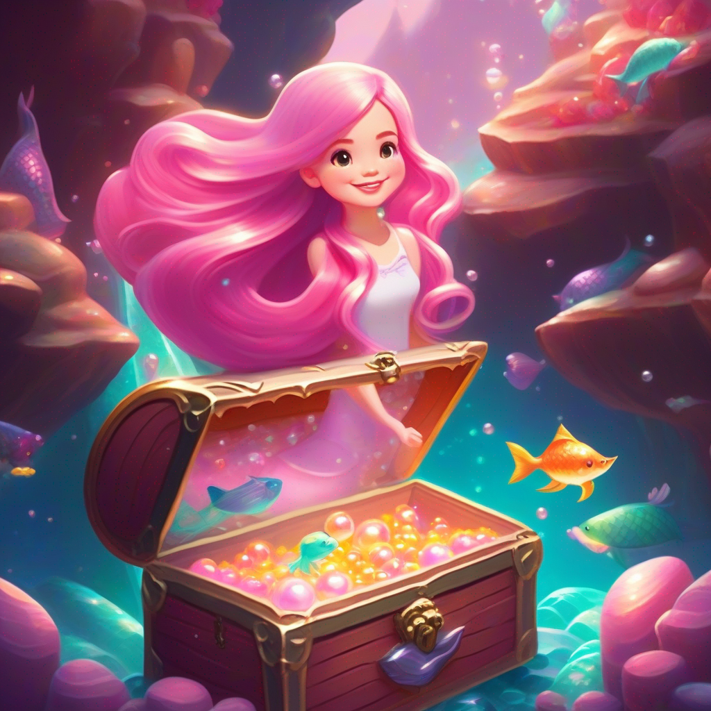 Hidden cave, treasure chest, shiny pearls, Friendly mermaid, sparkling tail, flowing pink hair's whisper