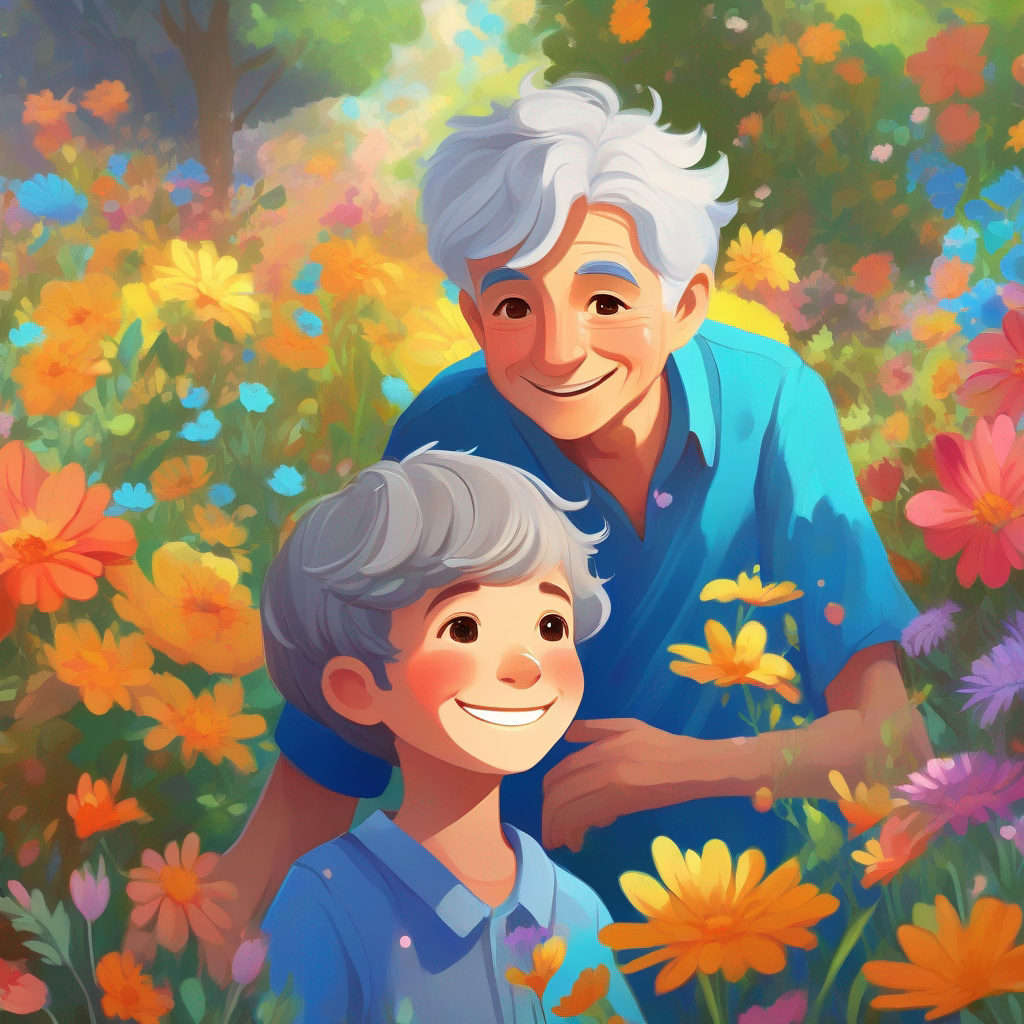 Kind-hearted boy with messy brown hair, wearing a blue shirt and Elderly lady with gray hair, wearing a floral dress smiling, surrounded by colorful flowers