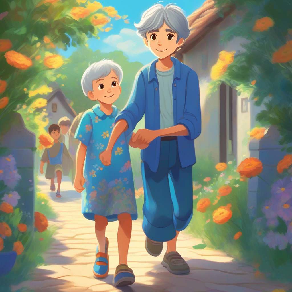 Kind-hearted boy with messy brown hair, wearing a blue shirt helping Elderly lady with gray hair, wearing a floral dress with her shoes, both wearing bright clothes