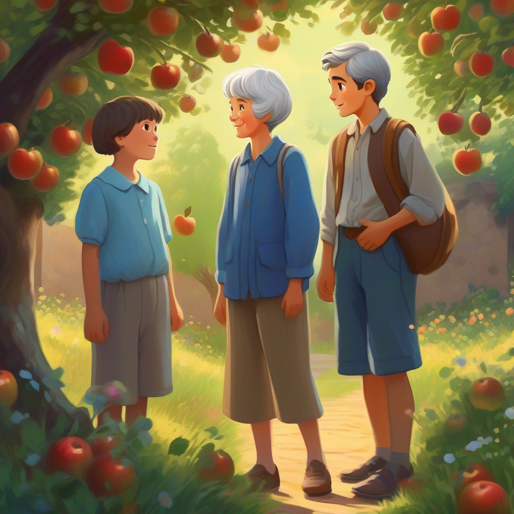 Elderly lady with gray hair, wearing a floral dress pointing at an apple tree, Kind-hearted boy with messy brown hair, wearing a blue shirt with a bucket