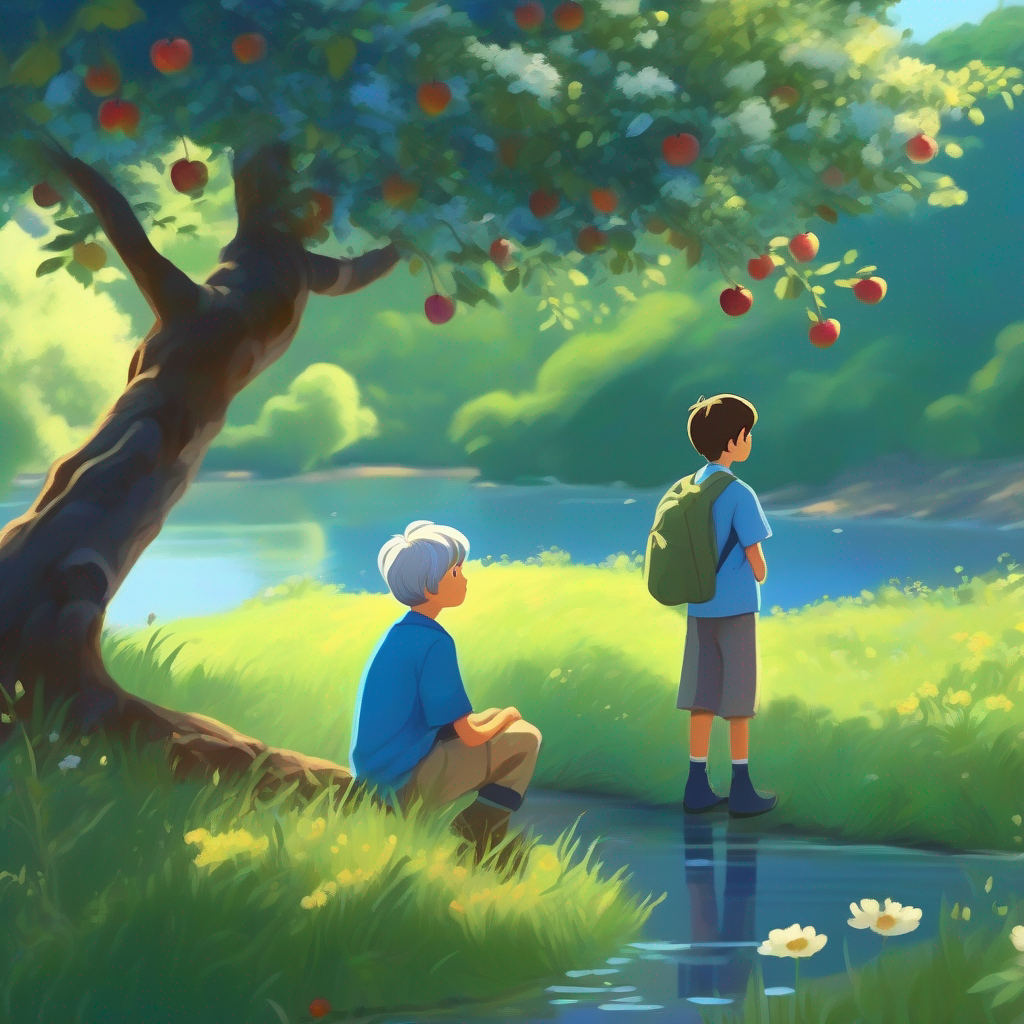 Kind-hearted boy with messy brown hair, wearing a blue shirt waiting under the apple tree, Elderly lady with gray hair, wearing a floral dress admiring the river