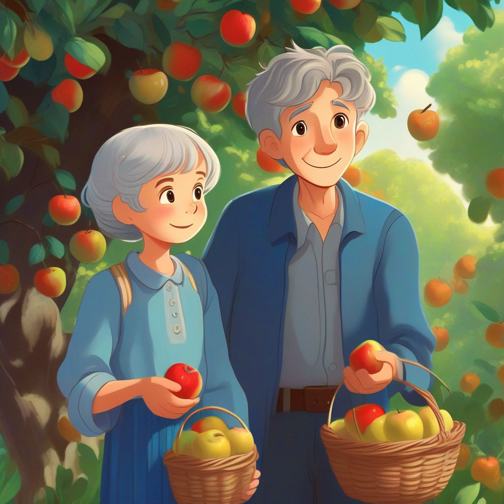 Kind-hearted boy with messy brown hair, wearing a blue shirt holding a basket of ripe apples, Elderly lady with gray hair, wearing a floral dress embracing Sam