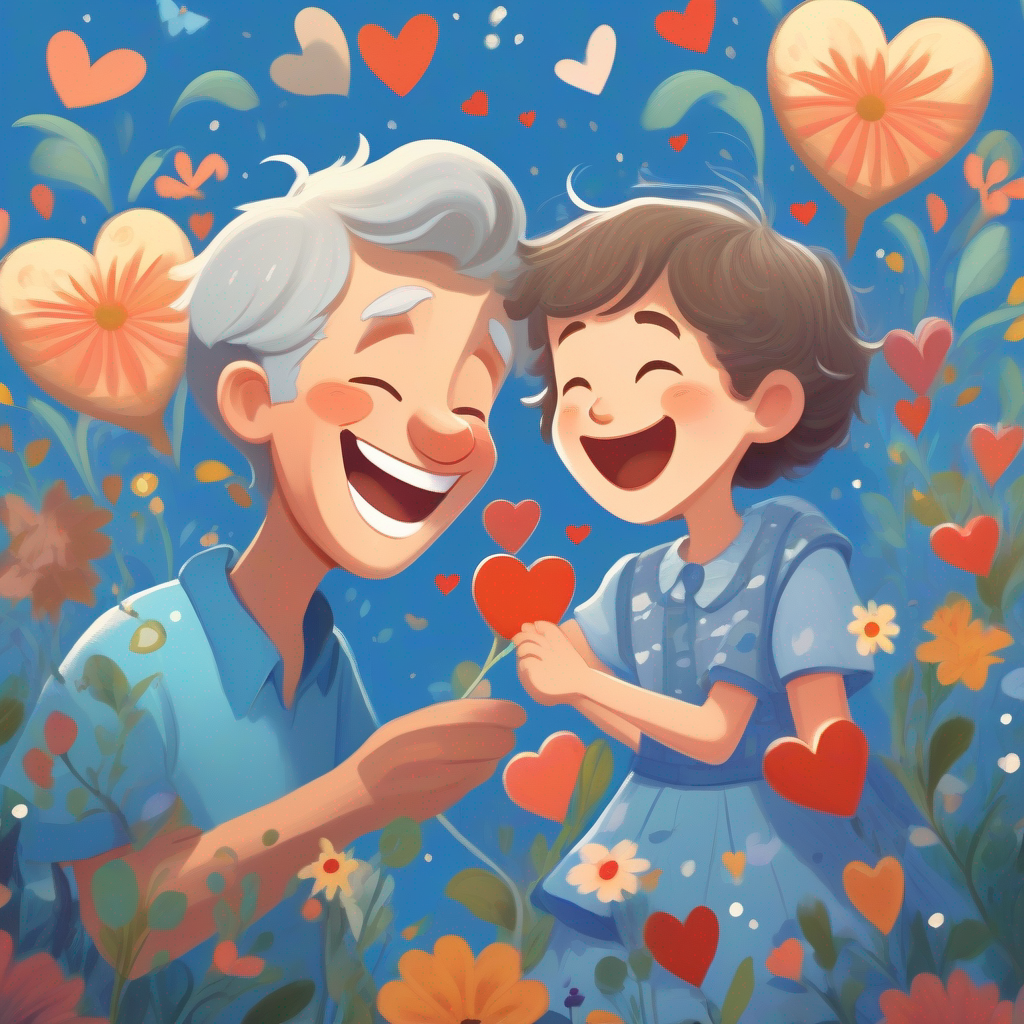 Kind-hearted boy with messy brown hair, wearing a blue shirt and Elderly lady with gray hair, wearing a floral dress laughing together, surrounded by heart-shaped symbols