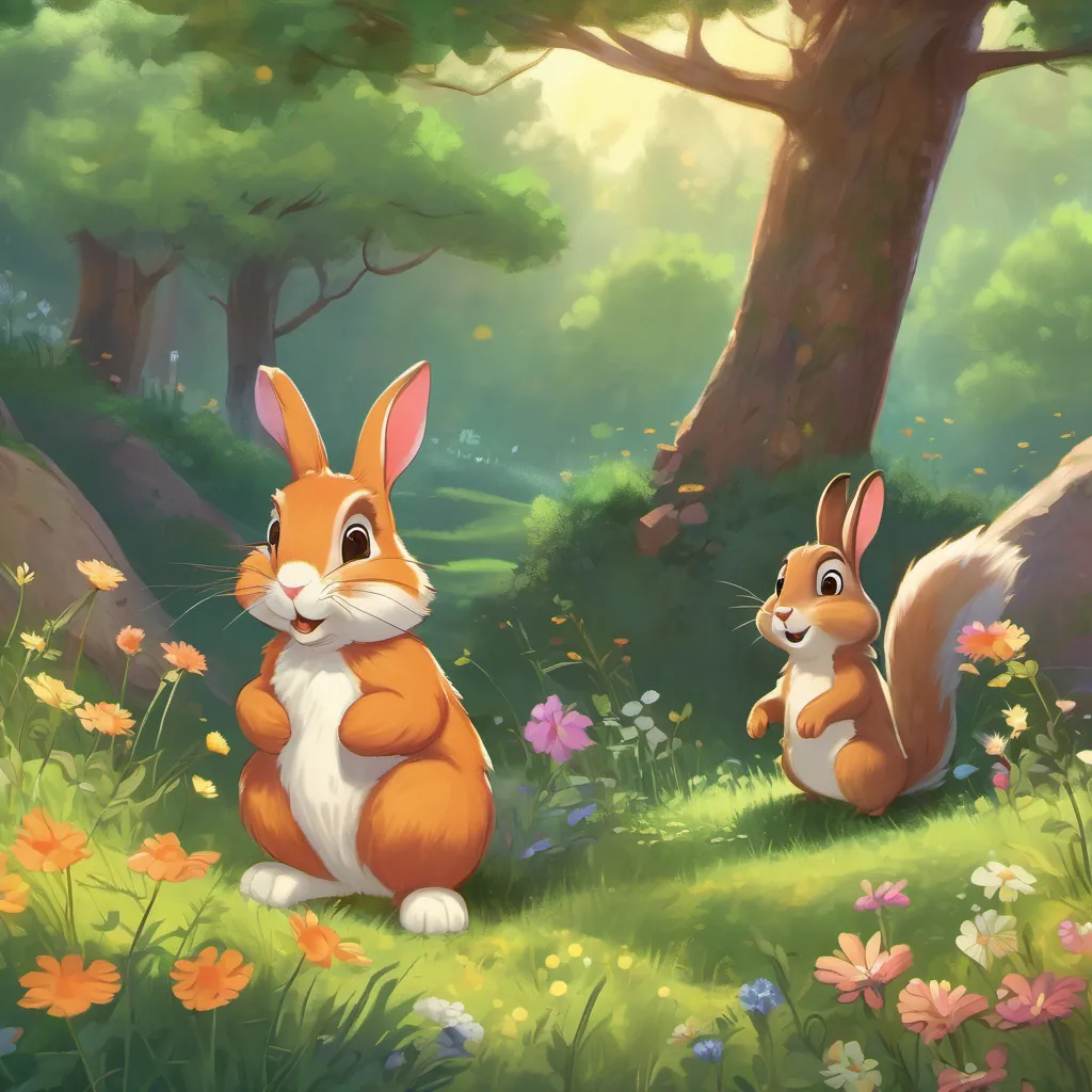 Benny the Bunny with floppy ears and a twitching nose, looking both worried and happy as the story progresses and Sam the Squirrel with a bushy tail, always happy and playful playing together in a sunny meadow with wildflowers.