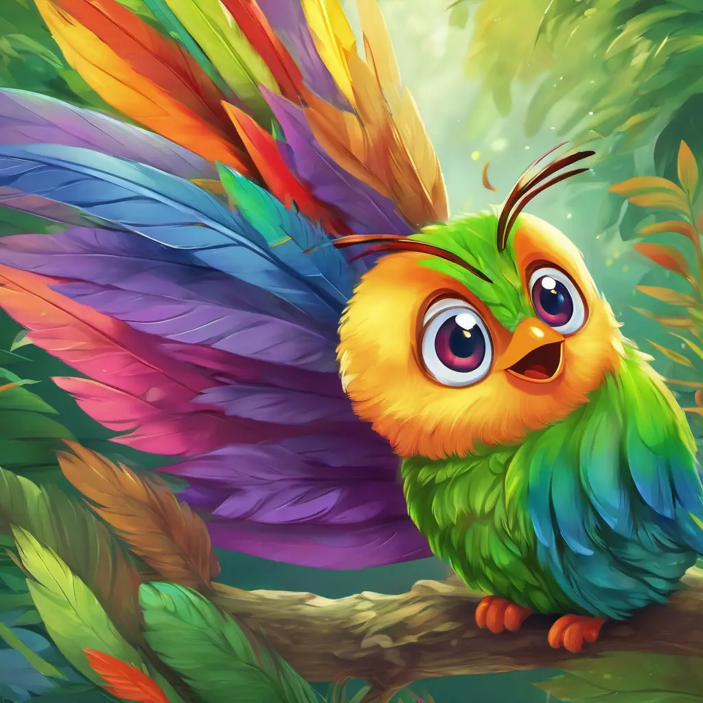 A little caterpillar with green skin and curious brown eyes introduces himself to A colorful bird with feathers of all the colors of the rainbow, expressing his desire to become a butterfly. A colorful bird with feathers of all the colors of the rainbow introduces himself and encourages A little caterpillar with green skin and curious brown eyes.