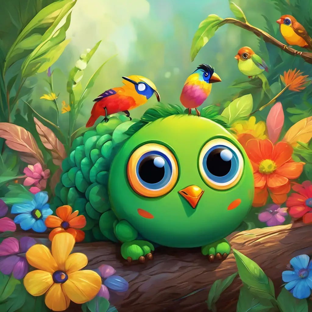 A little caterpillar with green skin and curious brown eyes and A colorful bird with feathers of all the colors of the rainbow become best friends, exploring the garden and learning from each other.