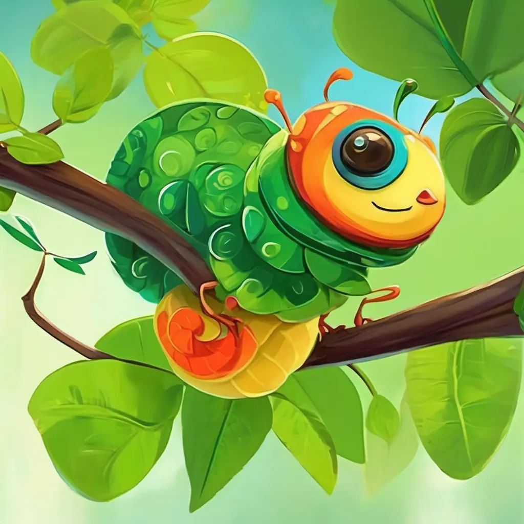 The story begins in a vibrant garden with a little caterpillar named A little caterpillar with green skin and curious brown eyes and a colorful bird perched on a branch.
