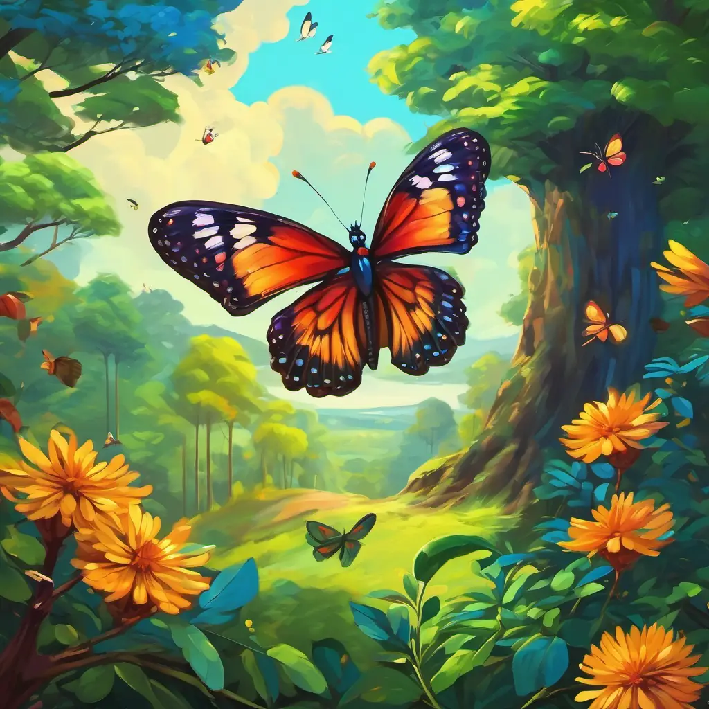  A stunning butterfly, an A colorful bird in a tree.