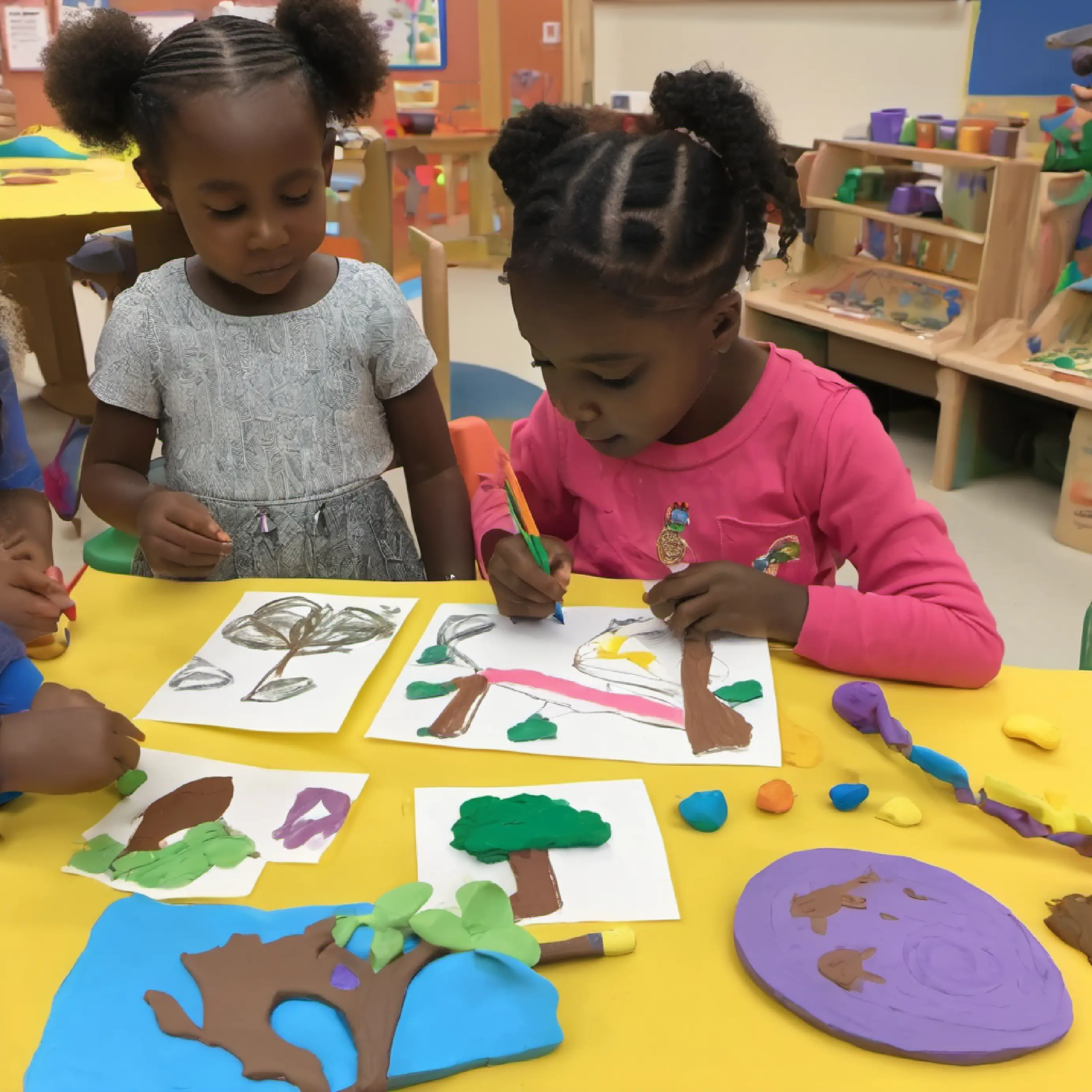 Chichi and her friend drawing pictures of their families in the art corner.