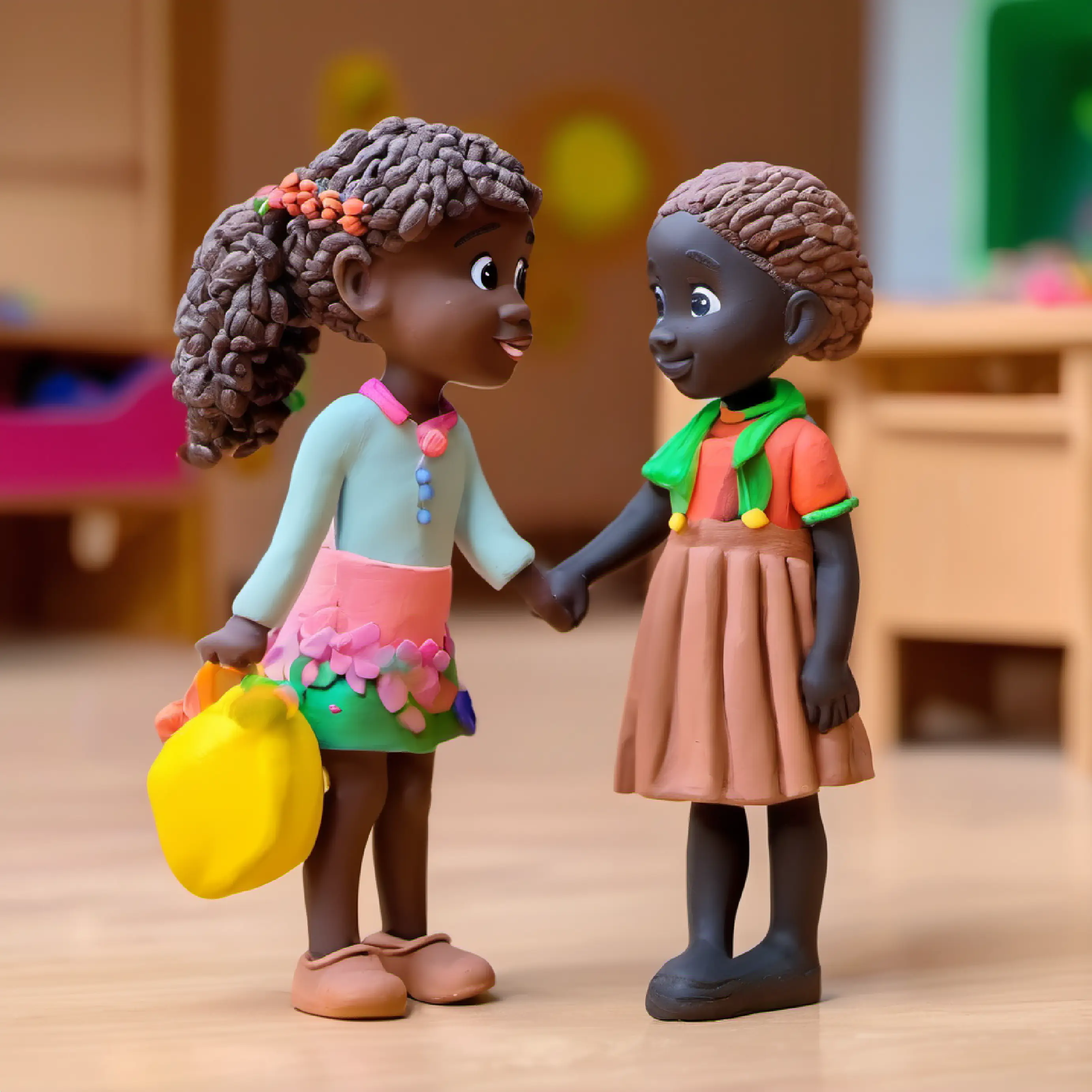 Chichi and her friend saying goodbye at the end of the school day.