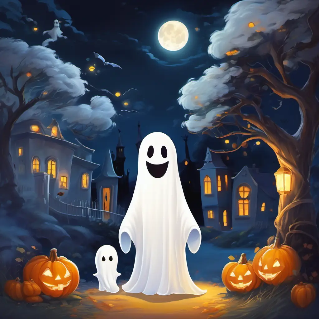 Friendly white ghost with a big smile and glowing white figure, a white ghost with a big smile, floating in the moonlit Spookville