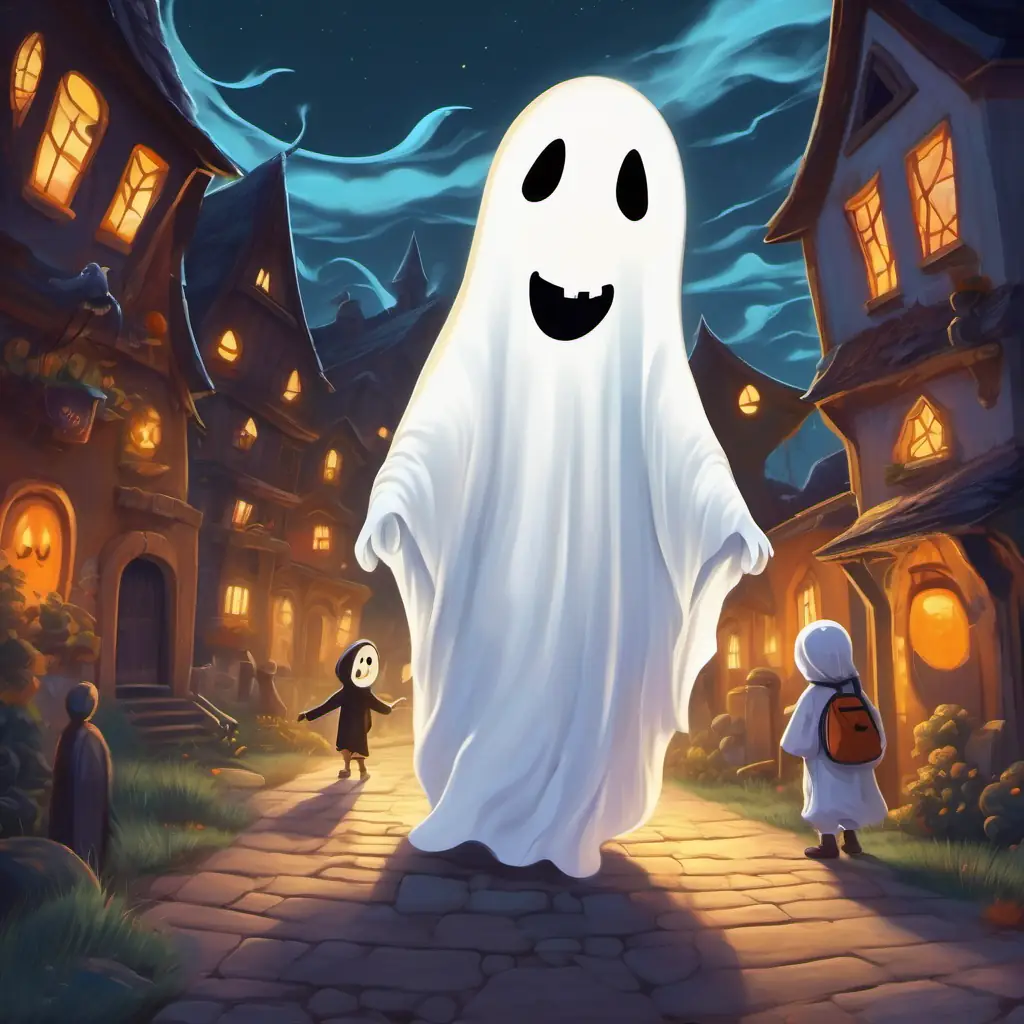 Friendly white ghost with a big smile and glowing white figure guiding Little boy with curious eyes and a heart full of adventure with his glowing white figure through the dark streets of Spookville