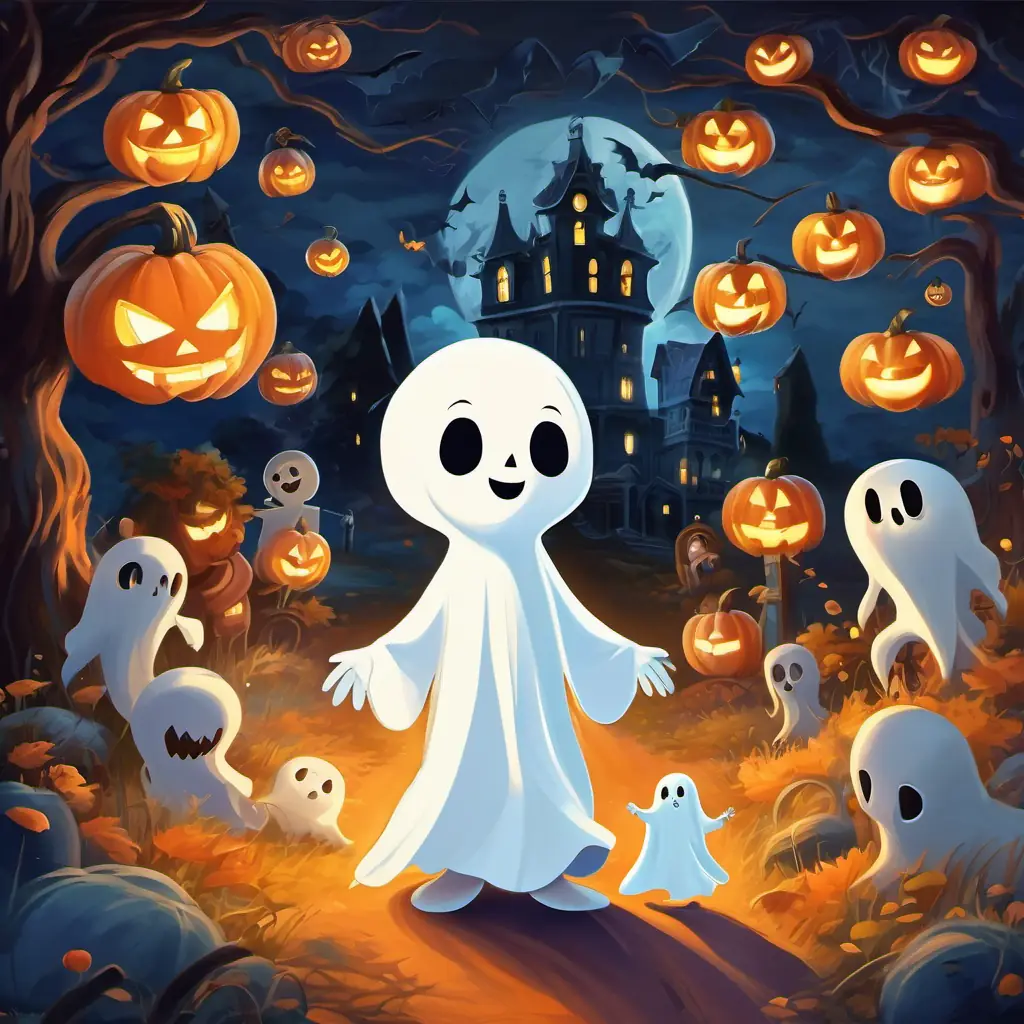 Friendly white ghost with a big smile and glowing white figure and Little boy with curious eyes and a heart full of adventure, holding hands, surrounded by friendly ghosts, skeletons, and the haunted mansion