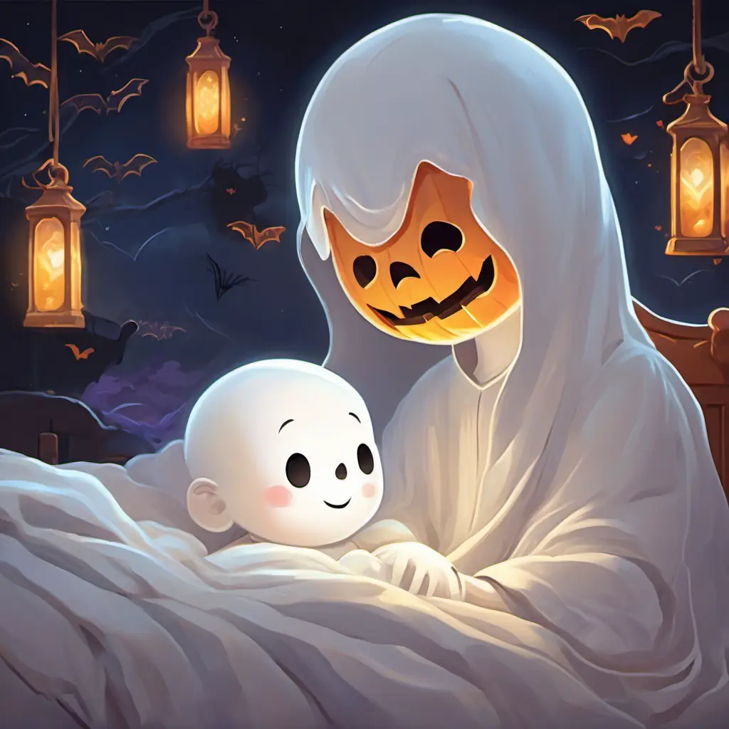 Friendly white ghost with a big smile and glowing white figure, gently touching Little boy with curious eyes and a heart full of adventure's forehead, while he's sleeping peacefully in his bed